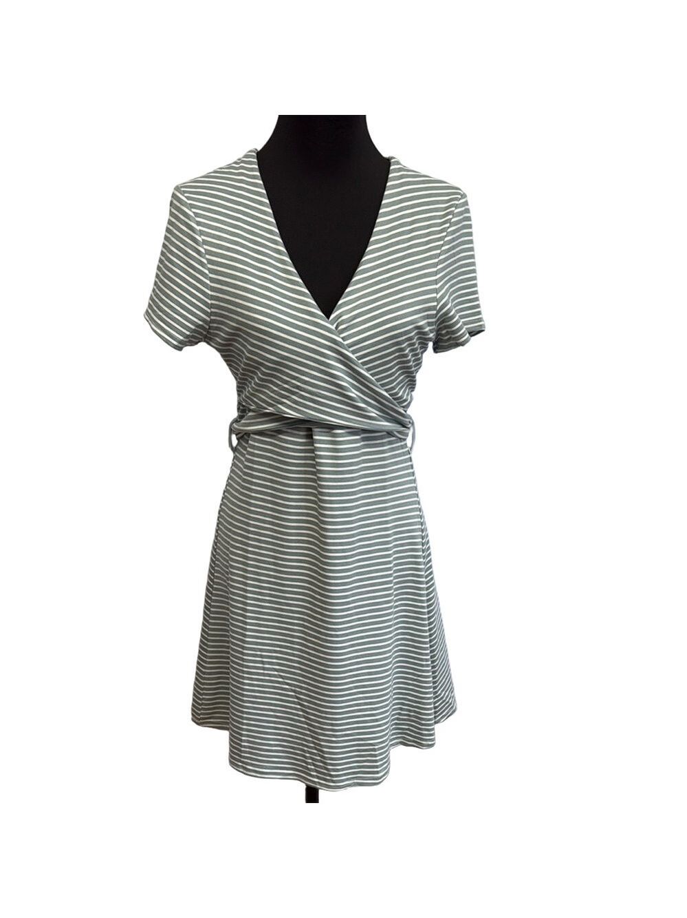 She + Sky Sage Green Striped Wrap Dress – Size L – NWT – Tie Waist